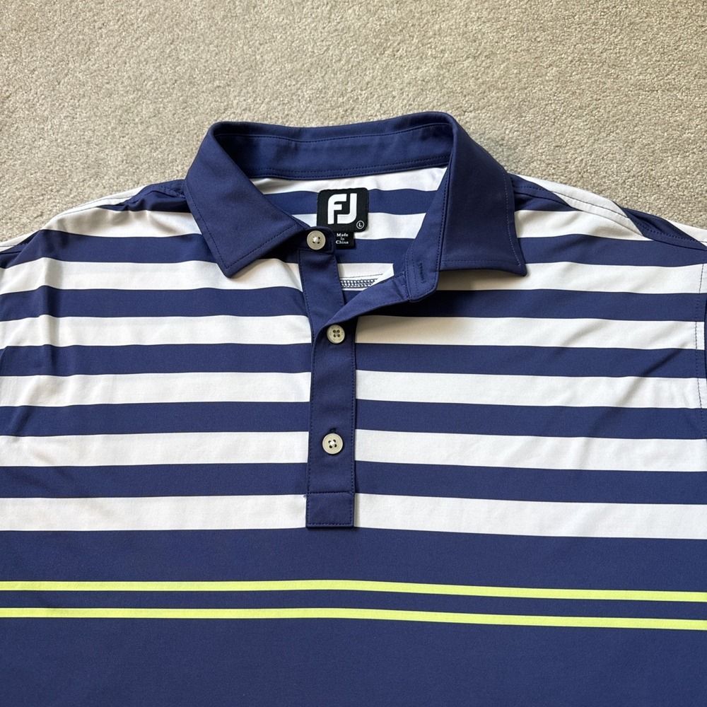 FootJoy Polo Shirt Mens L Blue Striped Golf Performance Logo Troy Burne - Picture 9 of 9